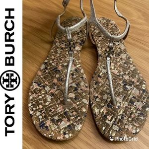 Tory Burch Marion Silver Sandals, size 8.5.
